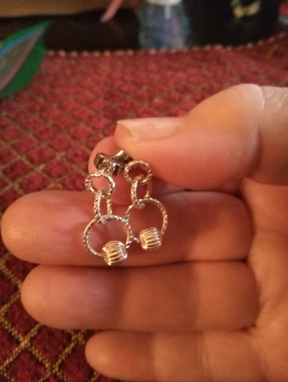 Source Unknown Silver Textured Hoop Drop Earrings with Ribbed Beads